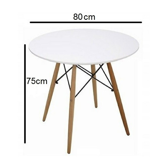Masa de dining 80x80x75cm în culoare albă, cu picioare din lemn.