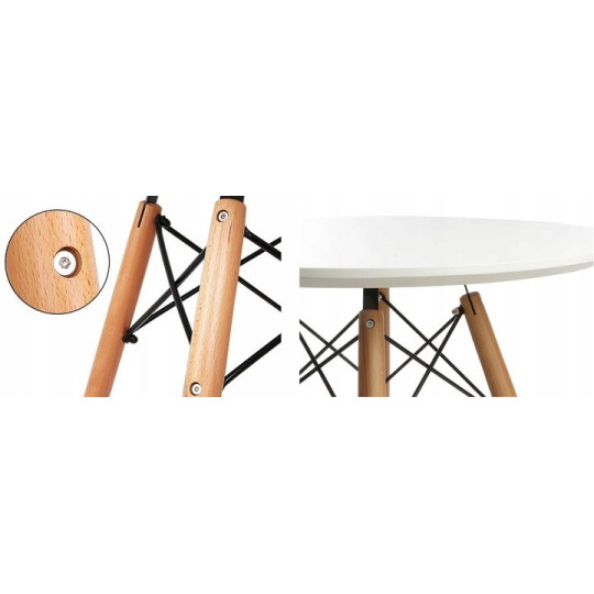 Masa de dining 80x80x75cm în culoare albă, cu picioare din lemn.