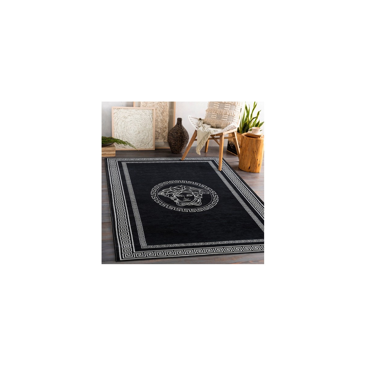 Covor alb-negru lavabil, meduză grecească antiderapantă, diverse dimensiuni ANDRE