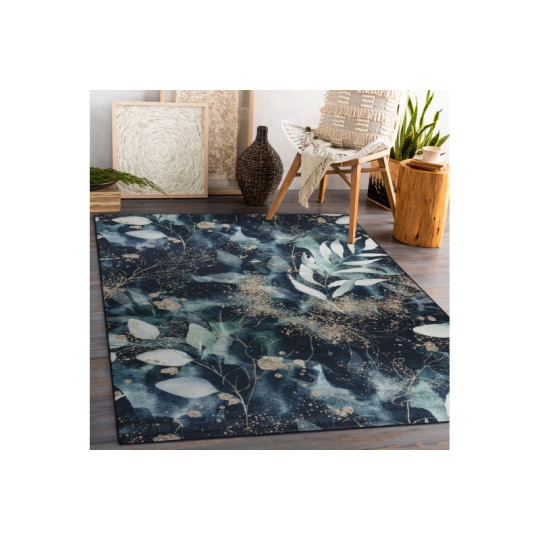 Covor antiderapant, lavabil, cu model de frunze, negru-cyan, ANDRE