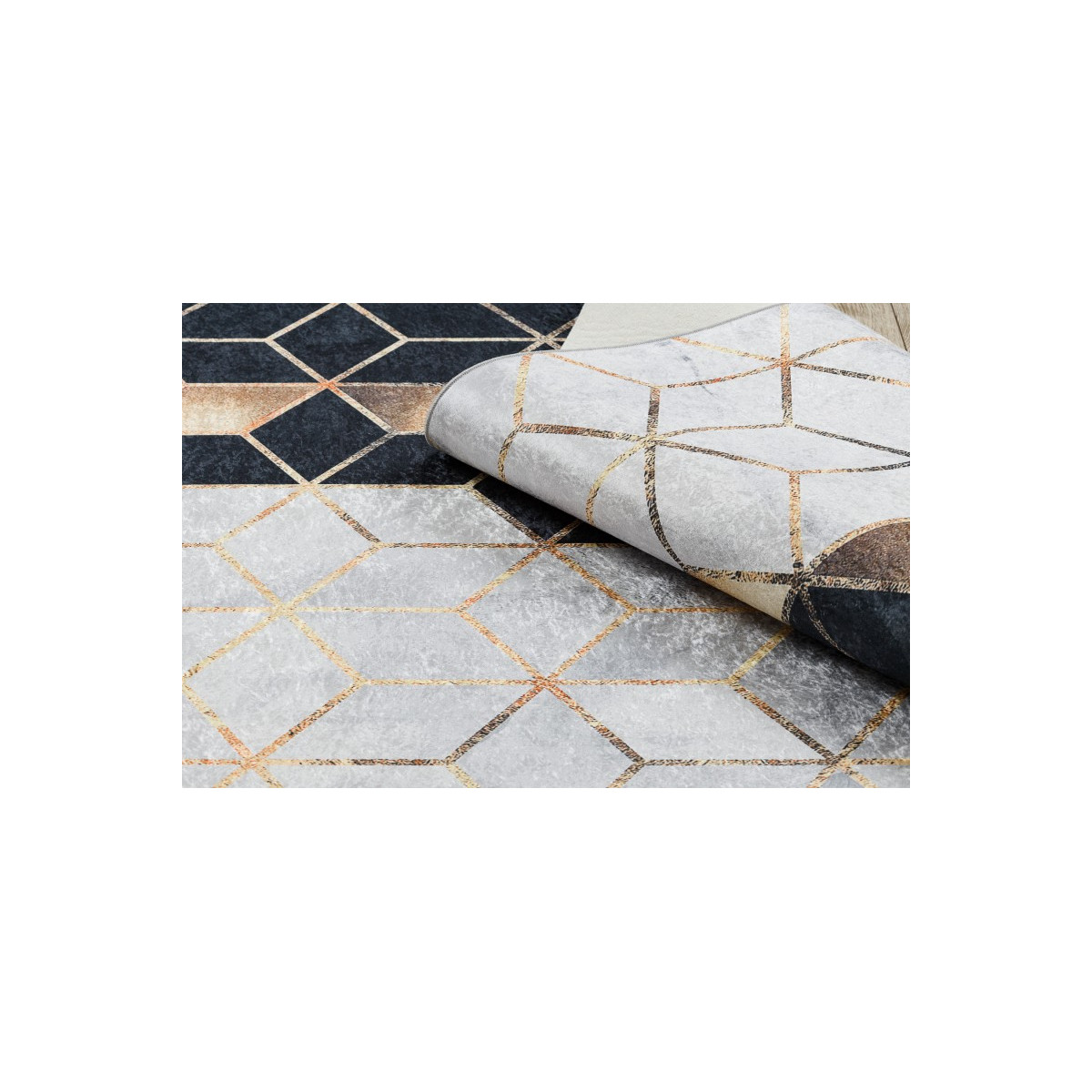 Covoare lavabile antiderapante aurii și negre cu model 3D de cuburi, diverse dimensiuni ANDRE