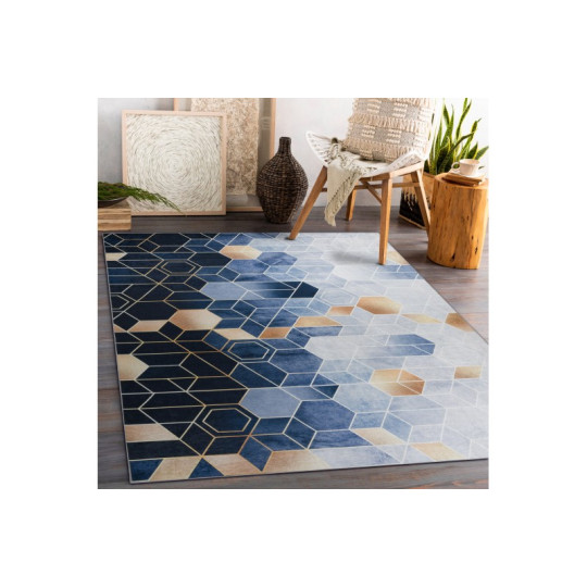 Covor albastru lavabil antiderapant model modern, cuburi colorate de dimensiuni diferite ANDRE