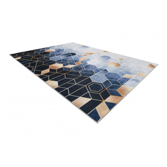 Covor albastru lavabil antiderapant model modern, cuburi colorate de dimensiuni diferite ANDRE