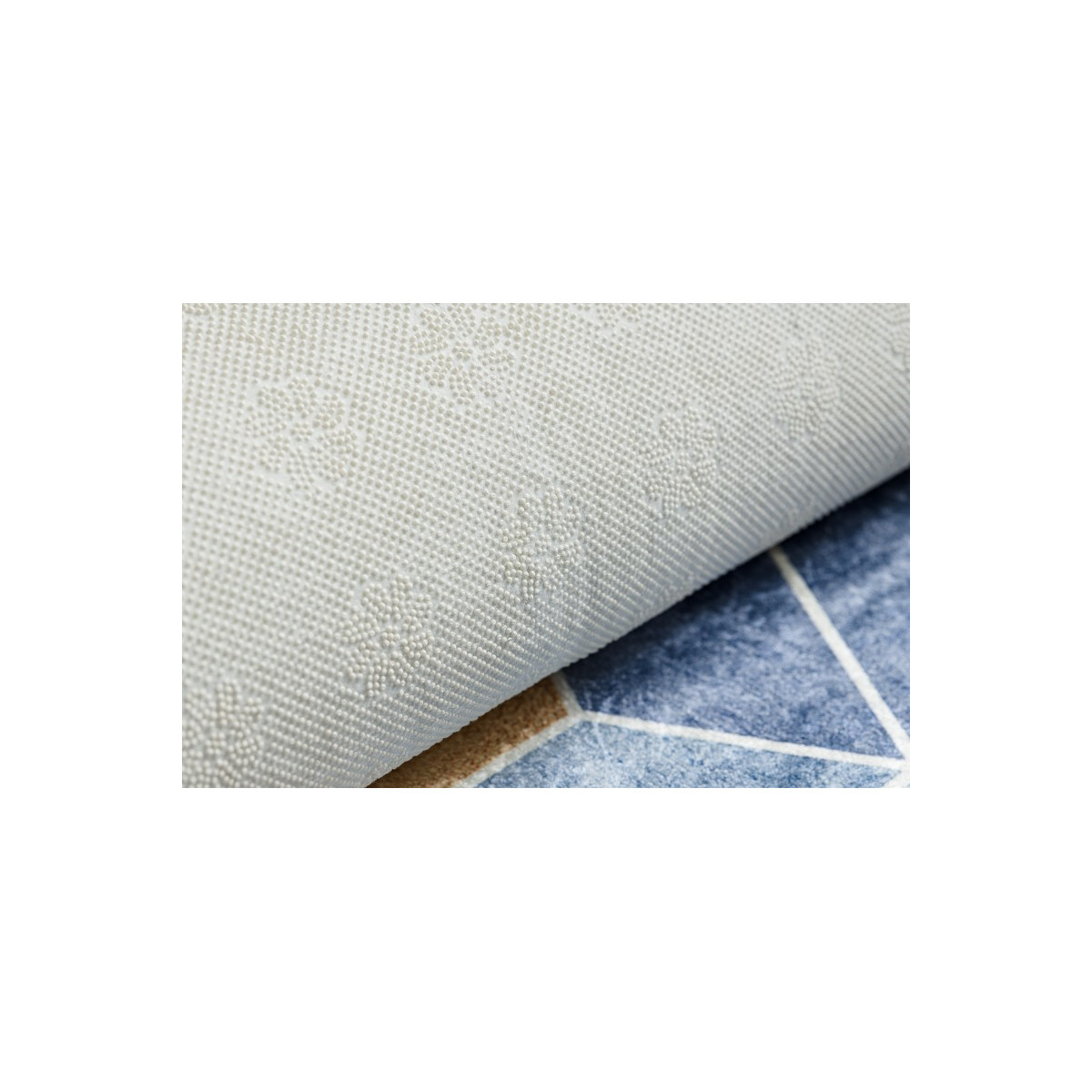 Covor albastru lavabil antiderapant model modern, cuburi colorate de dimensiuni diferite ANDRE