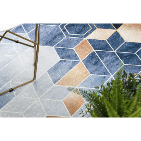 Covor albastru lavabil antiderapant model modern, cuburi colorate de dimensiuni diferite ANDRE