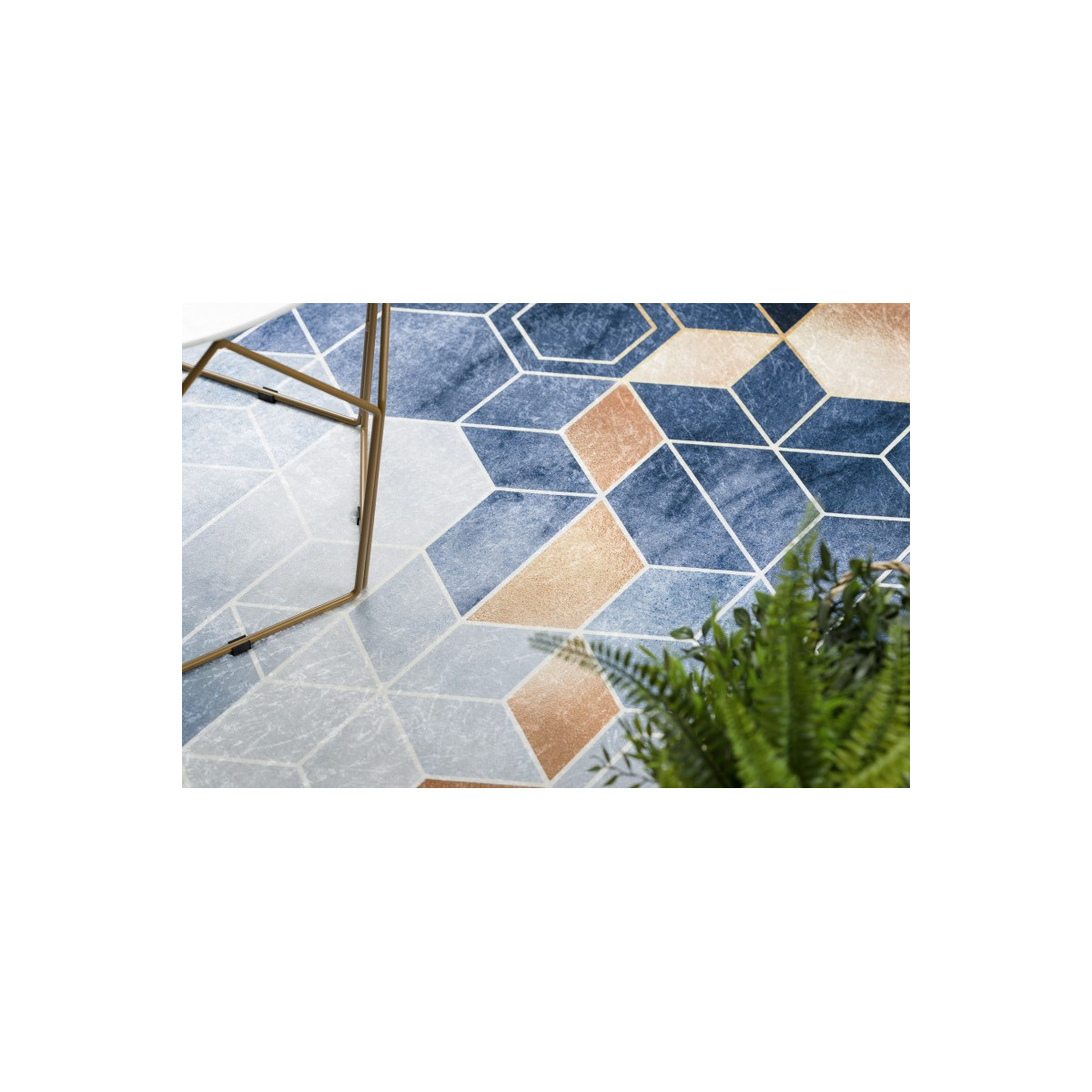 Covor albastru lavabil antiderapant model modern, cuburi colorate de dimensiuni diferite ANDRE