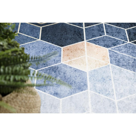 Covor albastru lavabil antiderapant model modern, cuburi colorate de dimensiuni diferite ANDRE