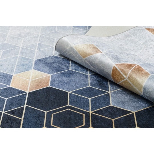 Covor albastru lavabil antiderapant model modern, cuburi colorate de dimensiuni diferite ANDRE