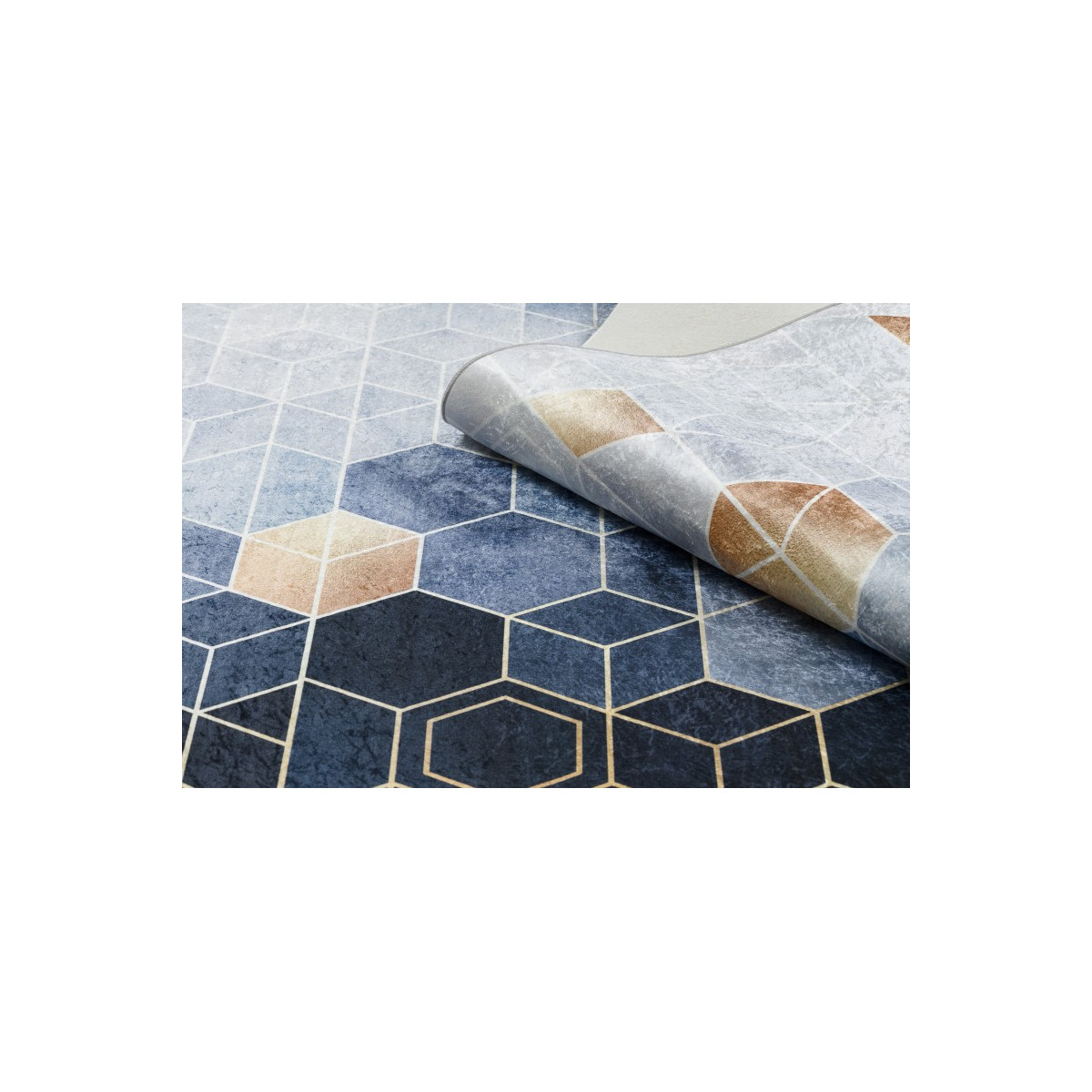 Covor albastru lavabil antiderapant model modern, cuburi colorate de dimensiuni diferite ANDRE