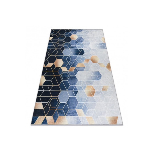 Covor albastru lavabil antiderapant model modern, cuburi colorate de dimensiuni diferite ANDRE