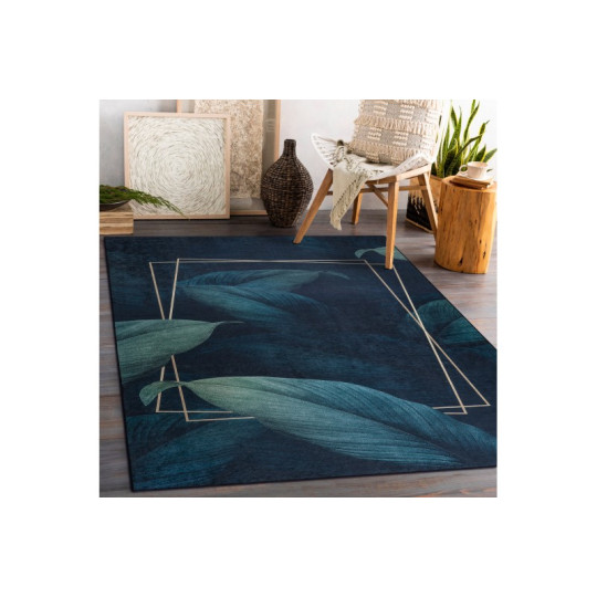 Covor albastru lavabil, antiderapant, cu model geometric și frunze, diverse dimensiuni, ANDRE