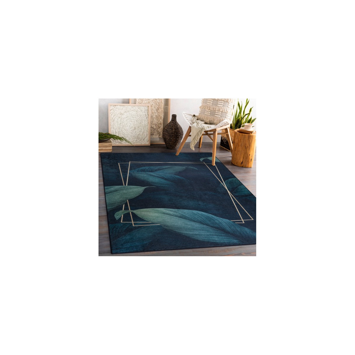 Covor albastru lavabil, antiderapant, cu model geometric și frunze, diverse dimensiuni, ANDRE