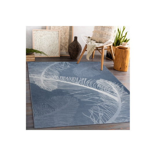 Covor albastru lavabil cu model antiaderent penaj, dimensiuni variate ANDRE