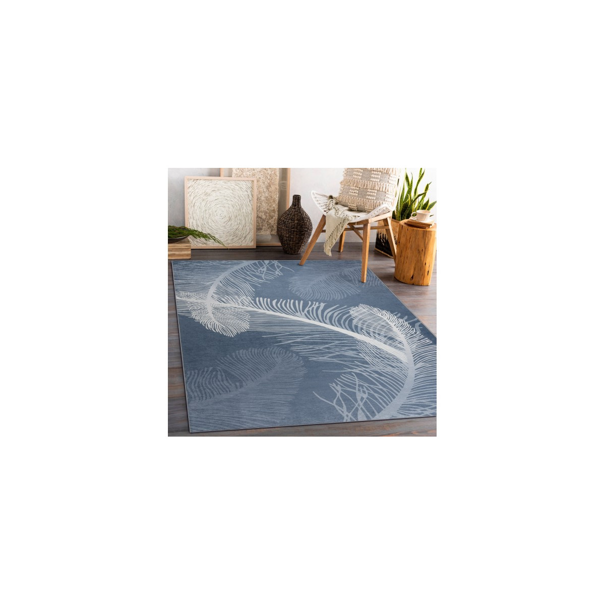 Covor albastru lavabil cu model antiaderent penaj, dimensiuni variate ANDRE