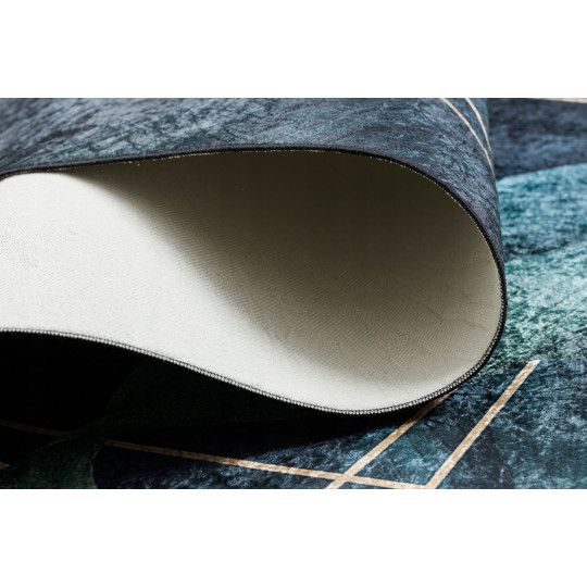 Covor albastru lavabil, antiderapant, cu model geometric și frunze, diverse dimensiuni, ANDRE