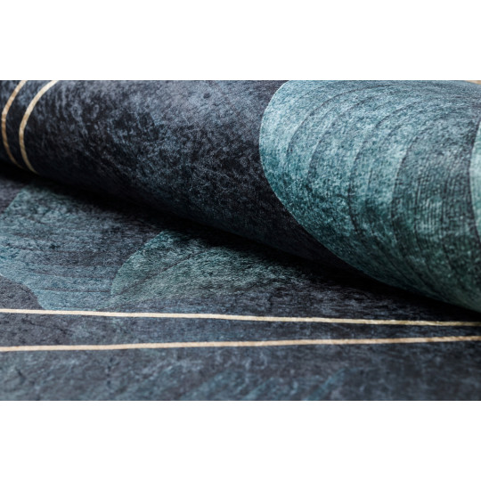 Covor albastru lavabil, antiderapant, cu model geometric și frunze, diverse dimensiuni, ANDRE