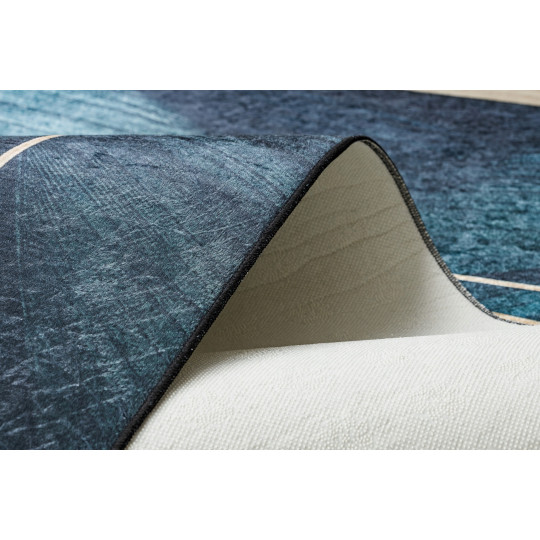 Covor albastru lavabil, antiderapant, cu model geometric și frunze, diverse dimensiuni, ANDRE