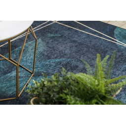 Covor albastru lavabil, antiderapant, cu model geometric și frunze, diverse dimensiuni, ANDRE