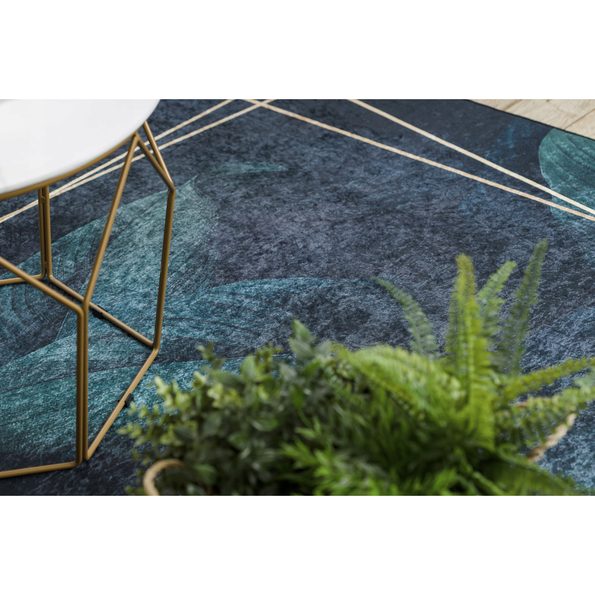 Covor albastru lavabil, antiderapant, cu model geometric și frunze, diverse dimensiuni, ANDRE