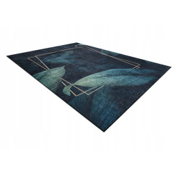 Covor albastru lavabil, antiderapant, cu model geometric și frunze, diverse dimensiuni, ANDRE