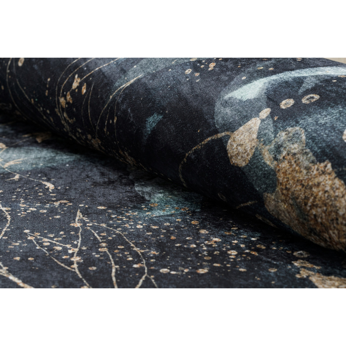 Covor antiderapant, lavabil, cu model de frunze, negru-cyan, ANDRE