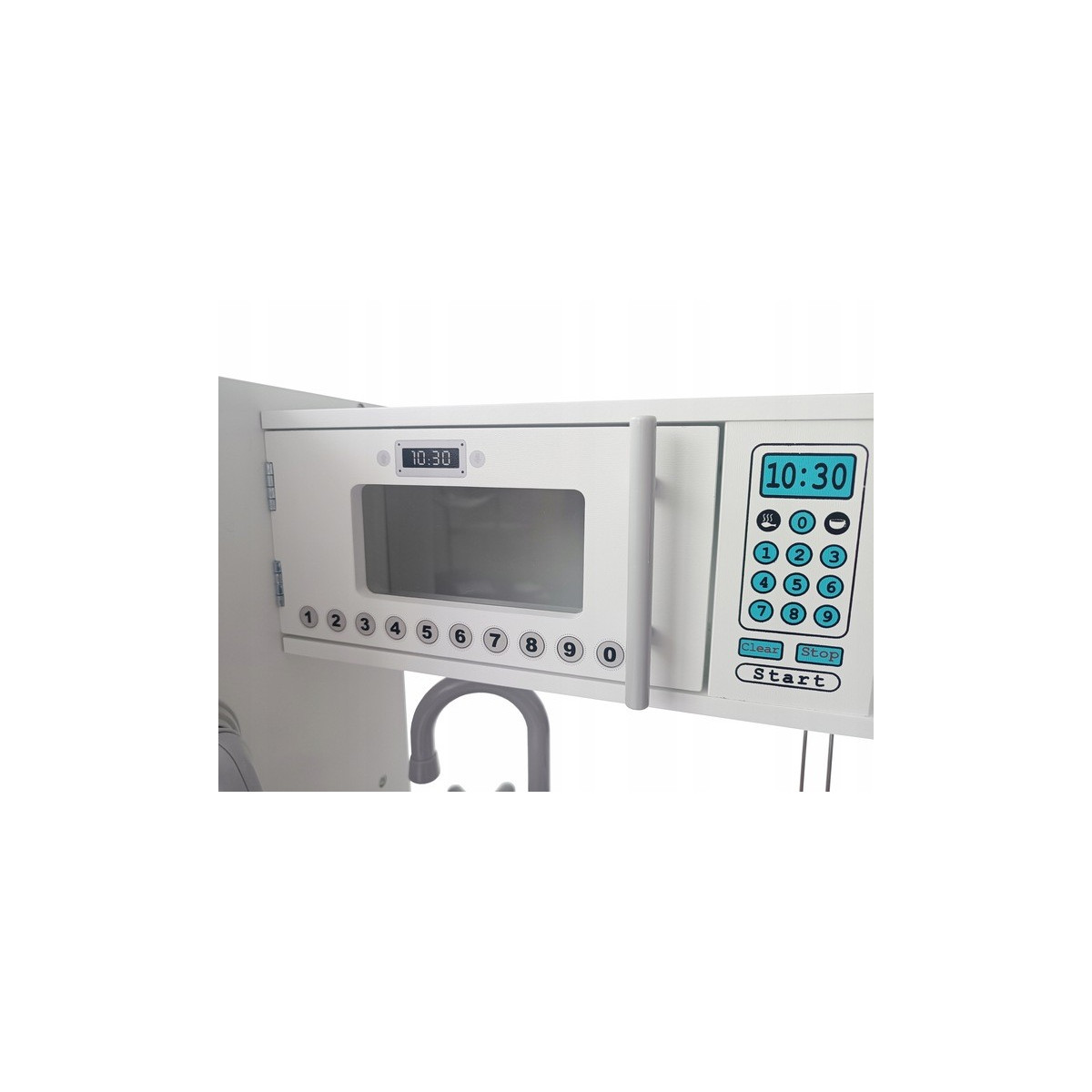 Bucătărie de lemn pentru copii de culoare albă, cu accesorii bogate și lumini LED