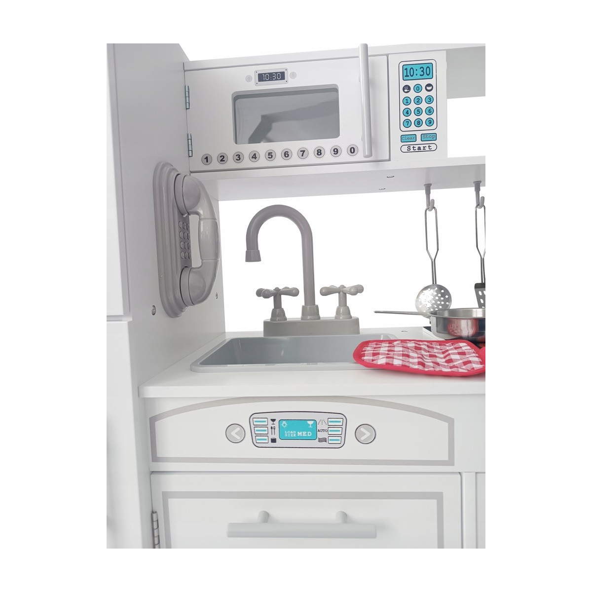 Bucătărie de lemn pentru copii de culoare albă, cu accesorii bogate și lumini LED