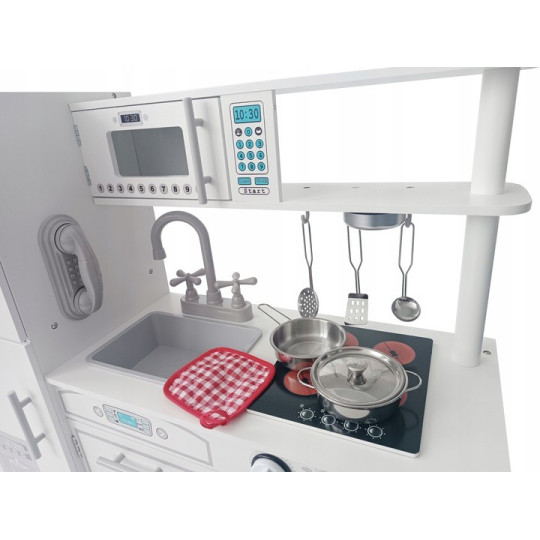 Bucătărie de lemn pentru copii de culoare albă, cu accesorii bogate și lumini LED