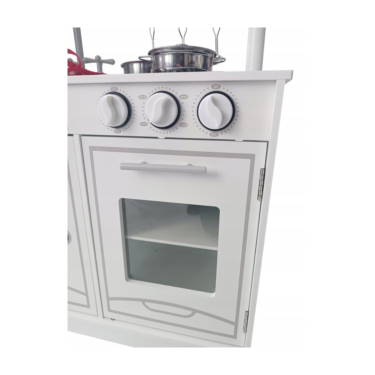 Bucătărie de lemn pentru copii de culoare albă, cu accesorii bogate și lumini LED