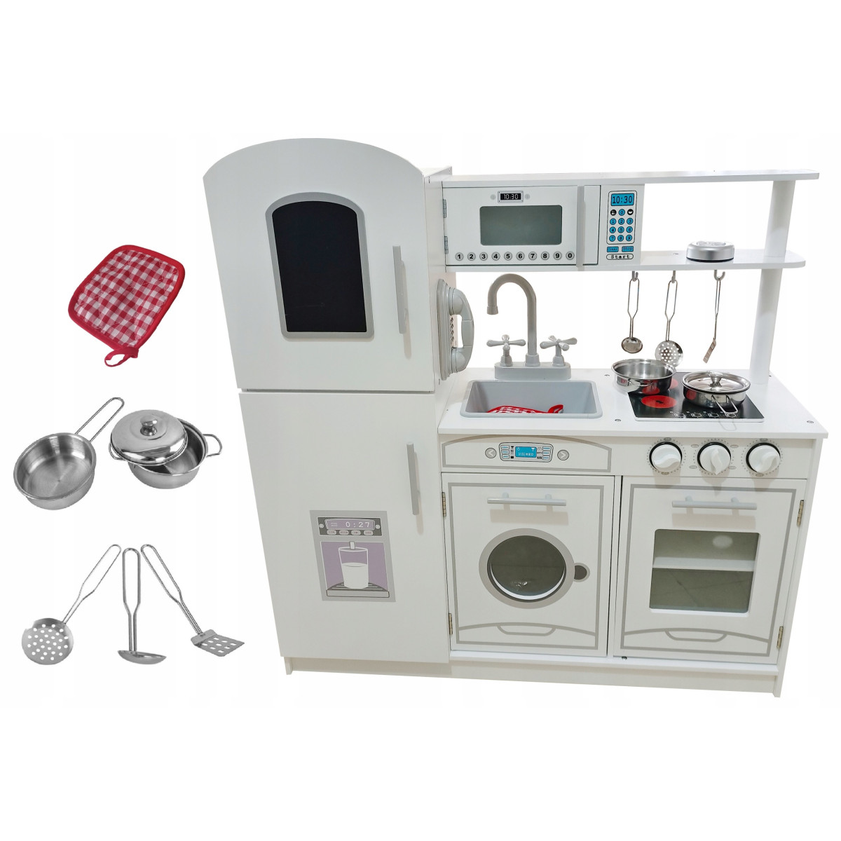 Bucătărie de lemn pentru copii de culoare albă, cu accesorii bogate și lumini LED