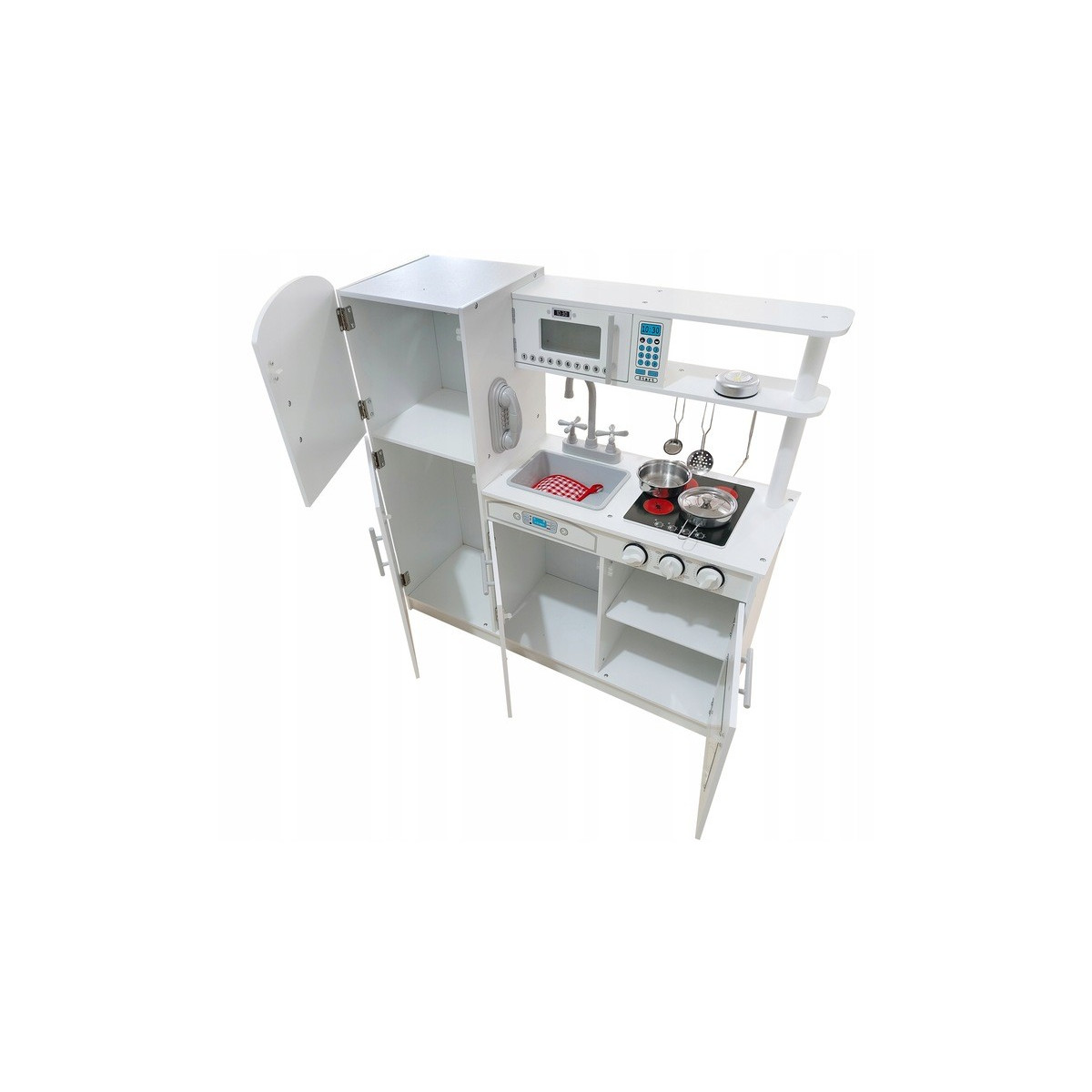 Bucătărie de lemn pentru copii de culoare albă, cu accesorii bogate și lumini LED
