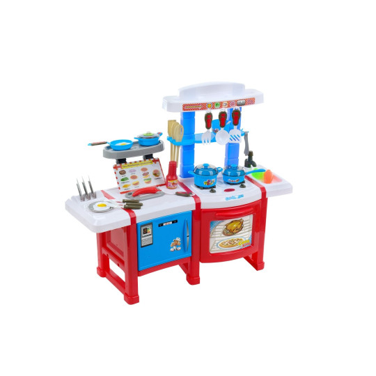 Cumpără o bucătărie din plastic pentru copii, ieftină, în culorile roșu și albastru.