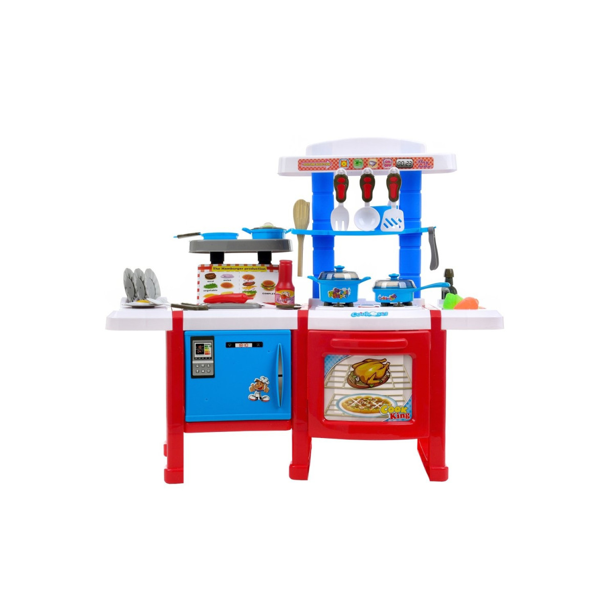 Cumpără o bucătărie din plastic pentru copii, ieftină, în culorile roșu și albastru.