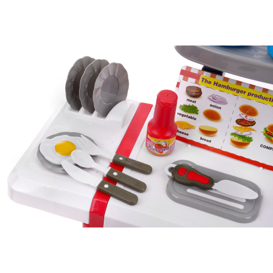 Cumpără o bucătărie din plastic pentru copii, ieftină, în culorile roșu și albastru.