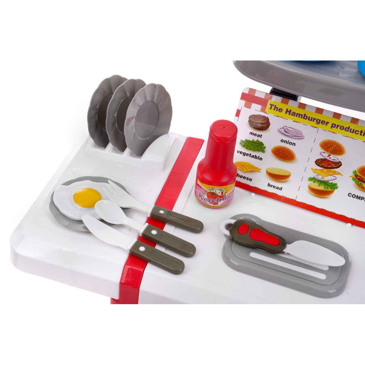 Cumpără o bucătărie din plastic pentru copii, ieftină, în culorile roșu și albastru.