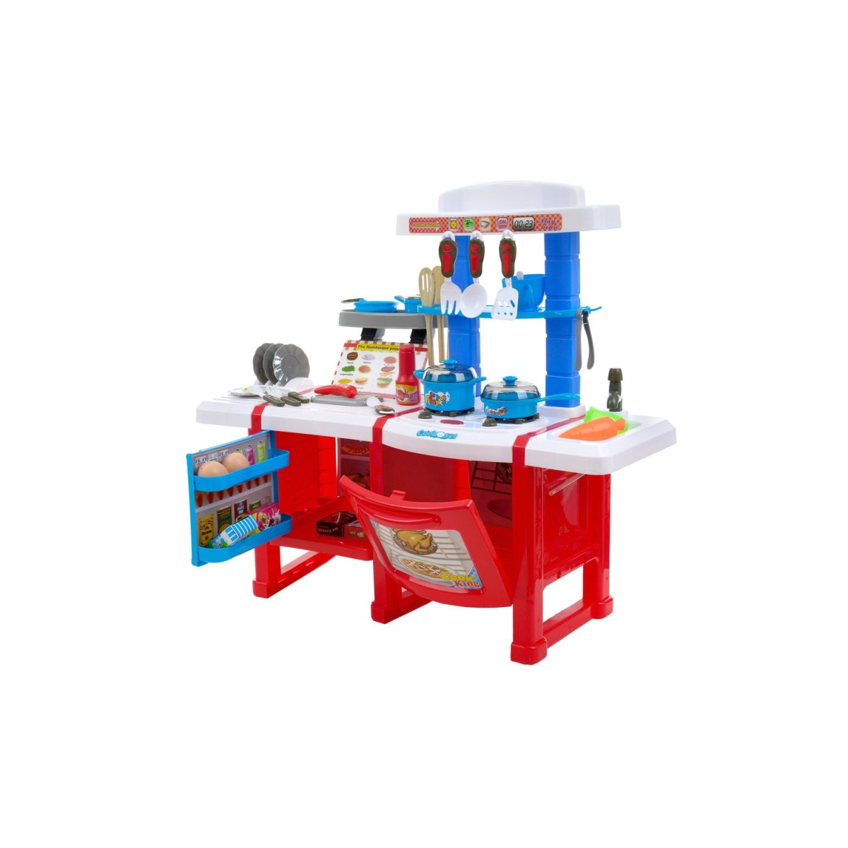 Cumpără o bucătărie din plastic pentru copii, ieftină, în culorile roșu și albastru.
