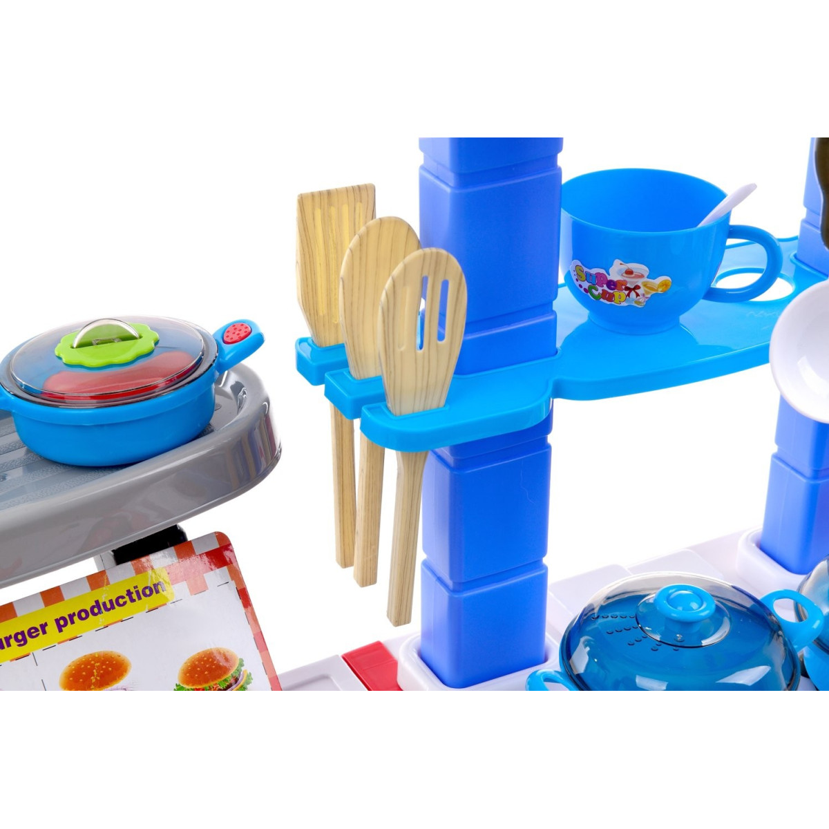 Cumpără o bucătărie din plastic pentru copii, ieftină, în culorile roșu și albastru.