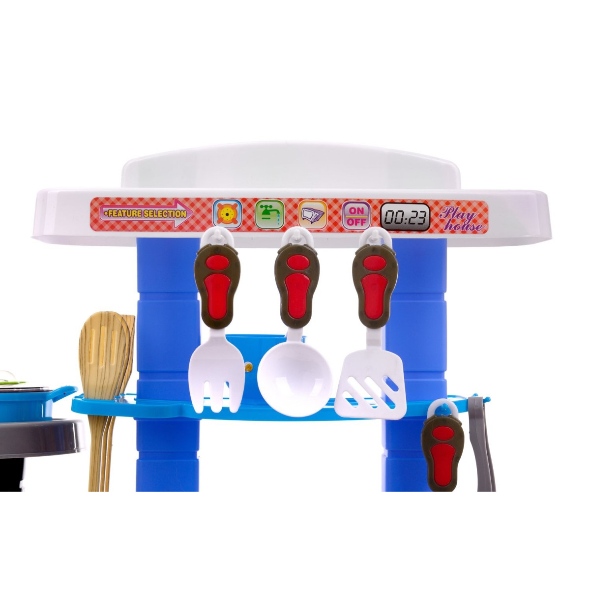 Cumpără o bucătărie din plastic pentru copii, ieftină, în culorile roșu și albastru.