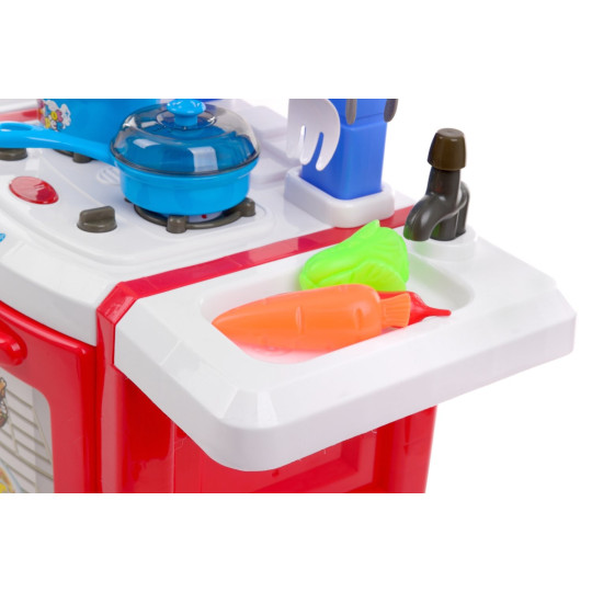 Cumpără o bucătărie din plastic pentru copii, ieftină, în culorile roșu și albastru.