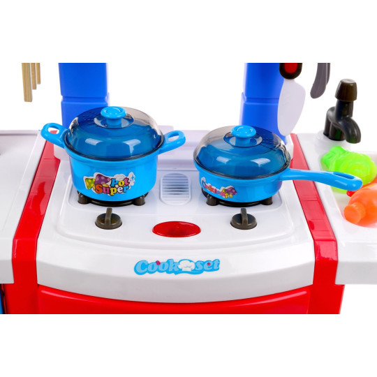 Cumpără o bucătărie din plastic pentru copii, ieftină, în culorile roșu și albastru.