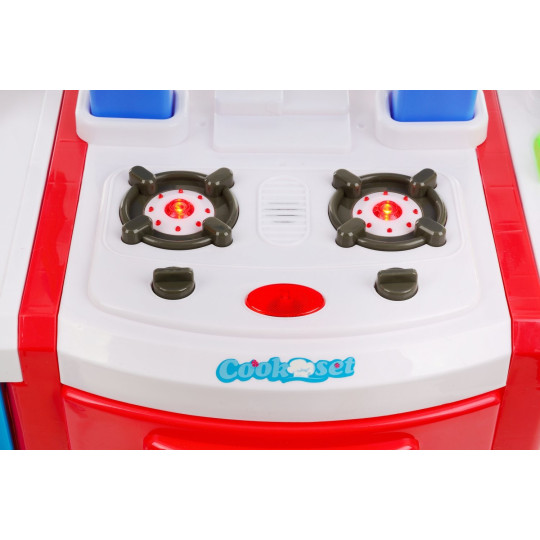 Cumpără o bucătărie din plastic pentru copii, ieftină, în culorile roșu și albastru.