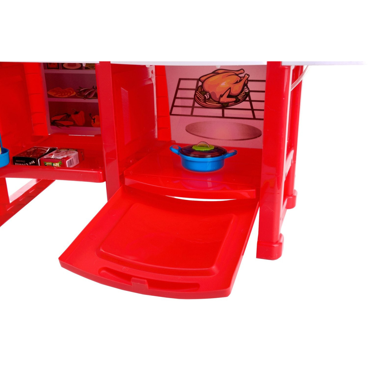 Cumpără o bucătărie din plastic pentru copii, ieftină, în culorile roșu și albastru.
