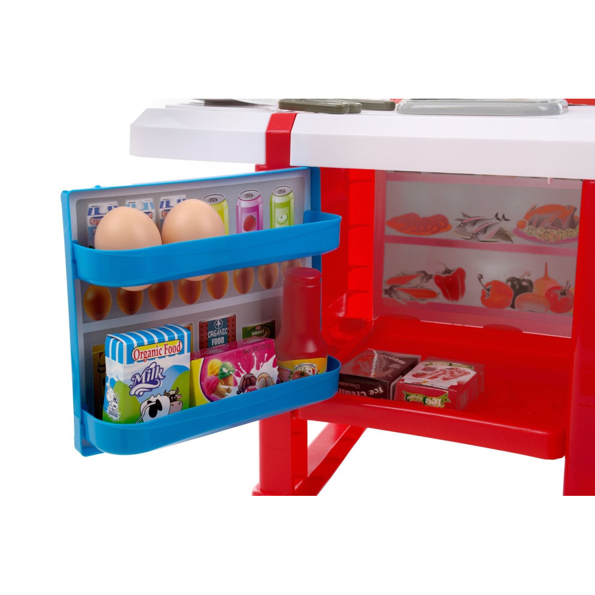 Cumpără o bucătărie din plastic pentru copii, ieftină, în culorile roșu și albastru.