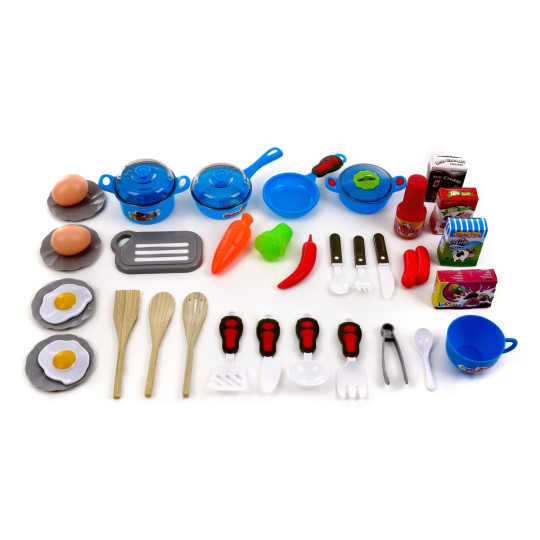 Cumpără o bucătărie din plastic pentru copii, ieftină, în culorile roșu și albastru.