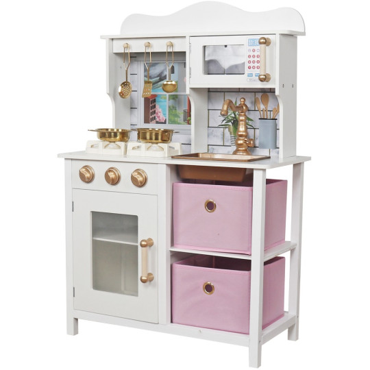 Cea mai bună bucătărie pentru copii din lemn, în culori alb-roz.