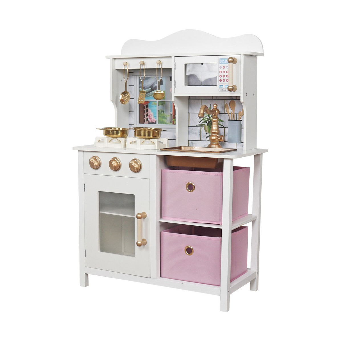 Cea mai bună bucătărie pentru copii din lemn, în culori alb-roz.