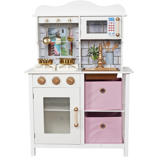 Cea mai bună bucătărie pentru copii din lemn, în culori alb-roz.