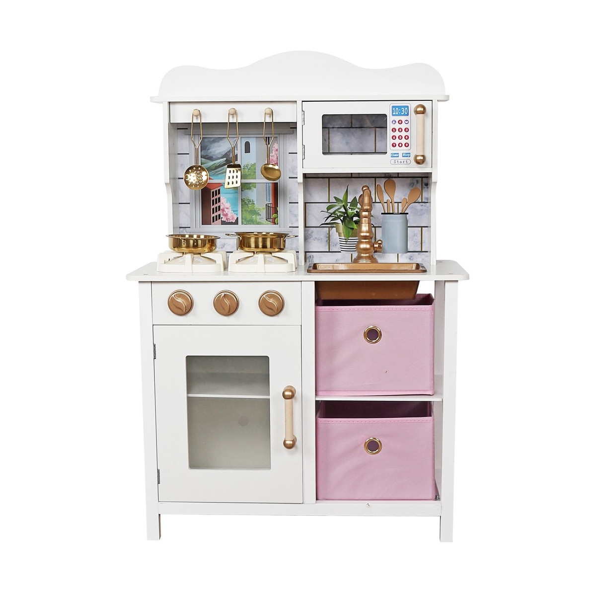 Cea mai bună bucătărie pentru copii din lemn, în culori alb-roz.