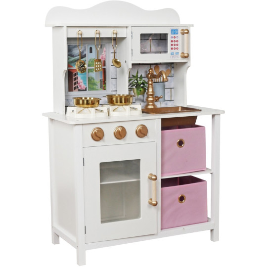 Cea mai bună bucătărie pentru copii din lemn, în culori alb-roz.