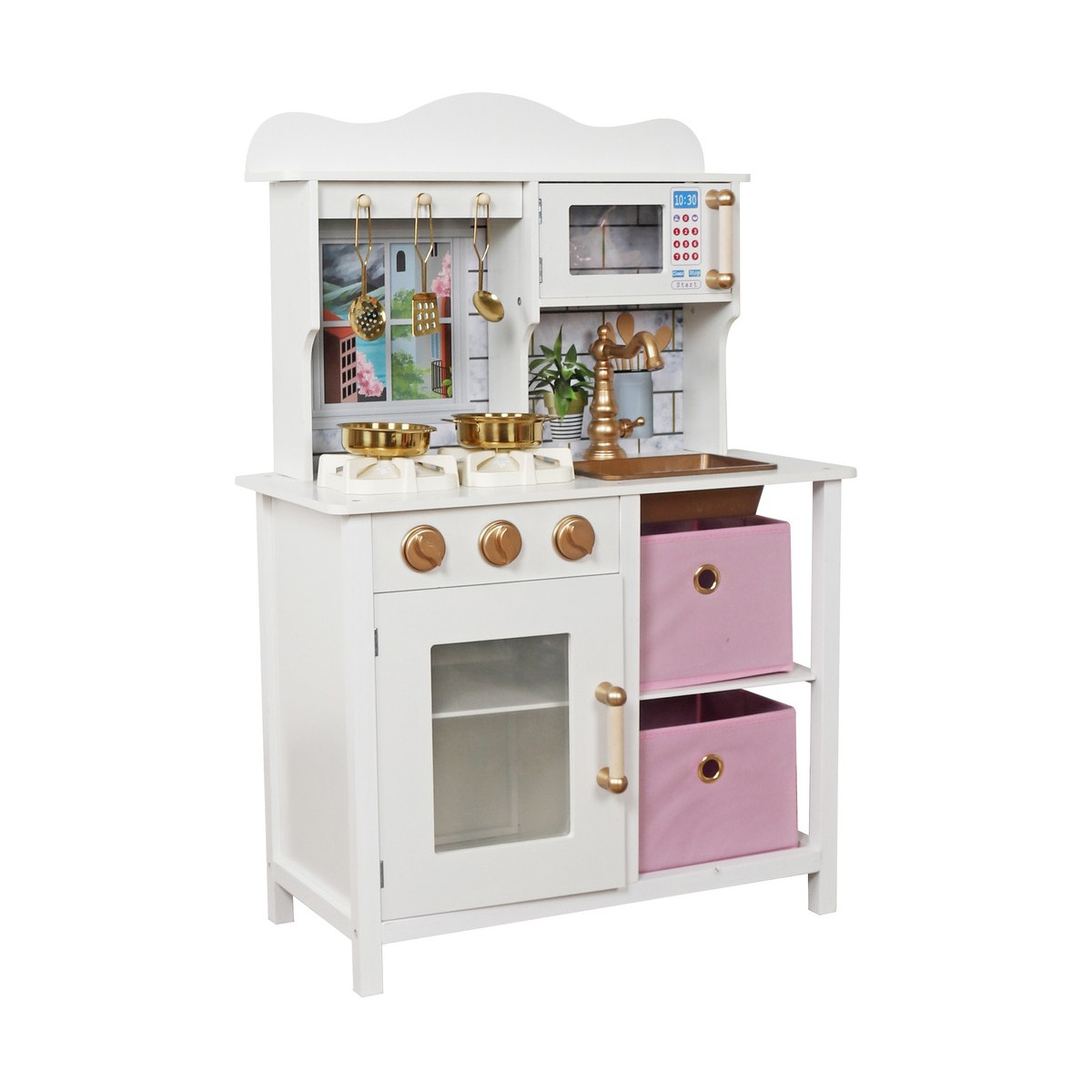 Cea mai bună bucătărie pentru copii din lemn, în culori alb-roz.